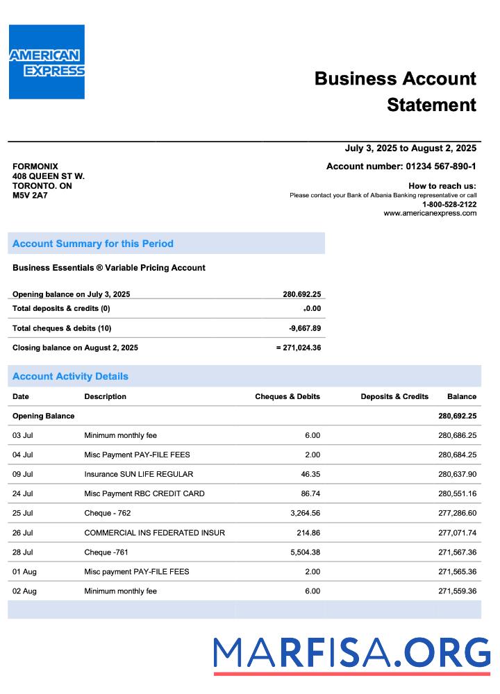 Realistic USA American Express firm account statement Word and PDF template